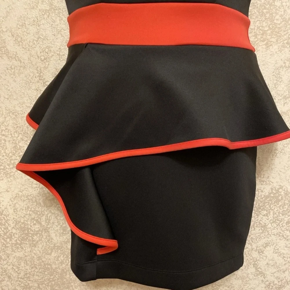 Emerald Sundae Asymmetrical Ruffle Black Dress with Coral Red Accents